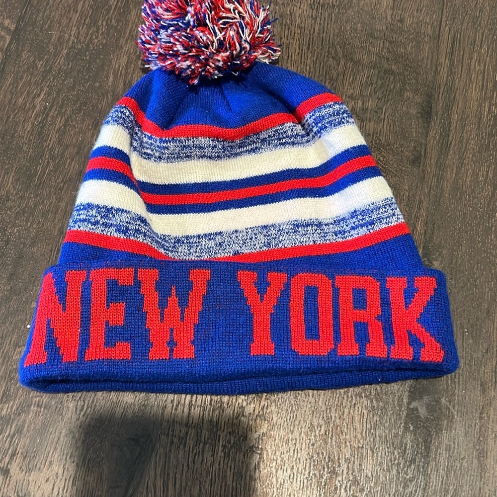 Blue and Red Striped Pom-Pom Hat